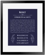 Kolt name meaning wall art by Get Your Story in navy blue with black matte frame