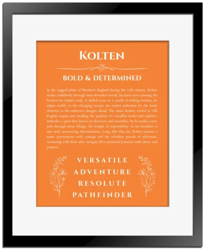 Kolten name meaning wall art by Get Your Story in orange with black matte frame