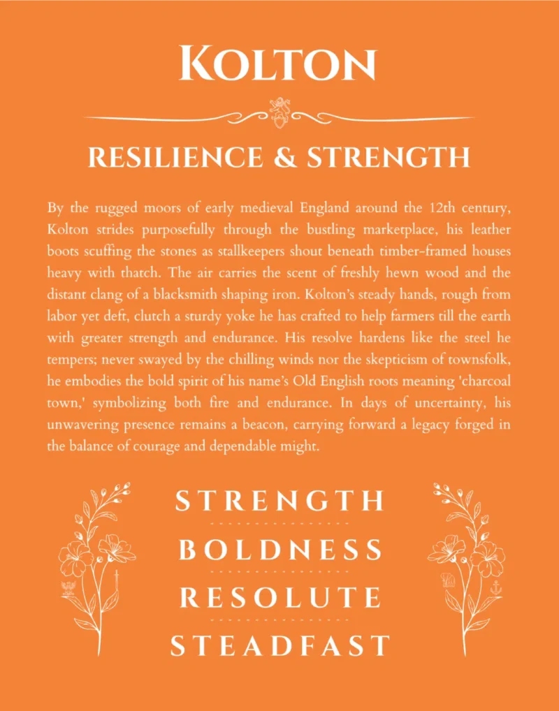 Kolton custom name art showing meaning and origin in orange
