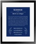 Konner custom name art showing meaning and origin in deep blue with black matte frame