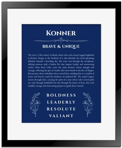 Konner custom name art showing meaning and origin in deep blue with black matte frame