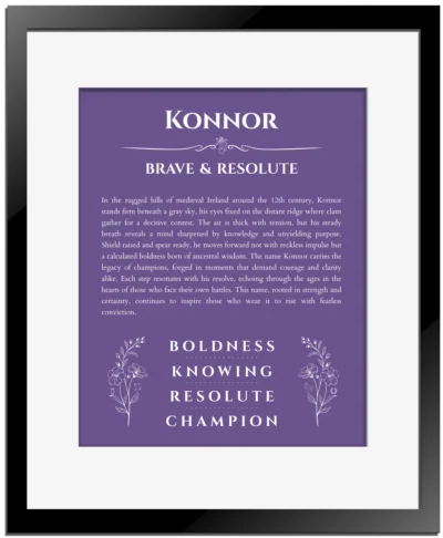 Konnor name meaning wall art by Get Your Story in purple with black matte frame