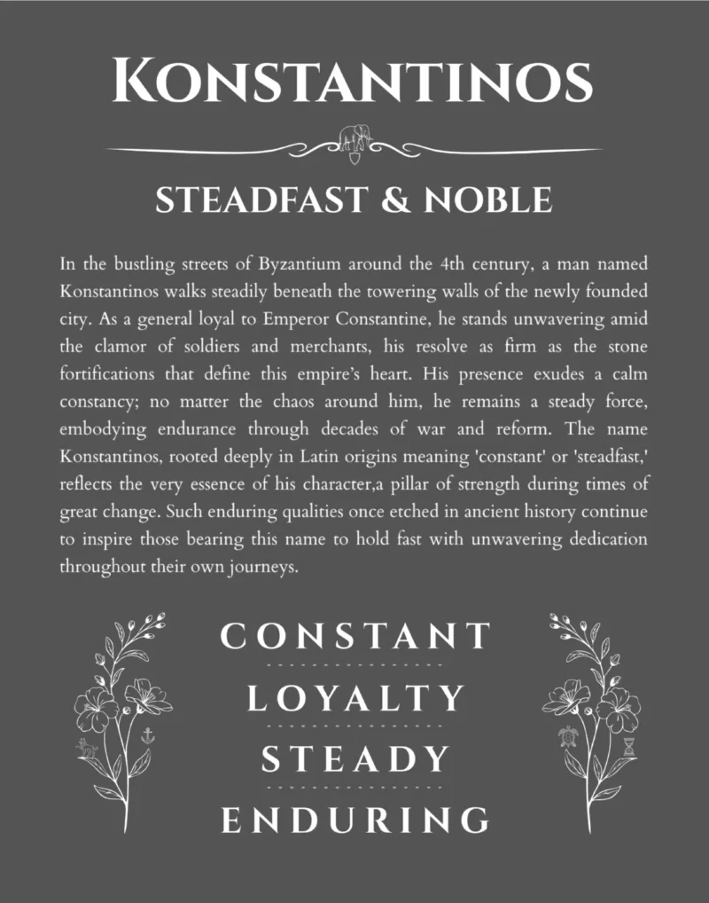 Konstantinos personalized name art with origin story in gray