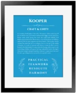 Kooper name origin print with meaning and traits in blue with black matte frame