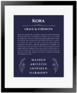 Kora name meaning gift print in navy blue with black matte frame