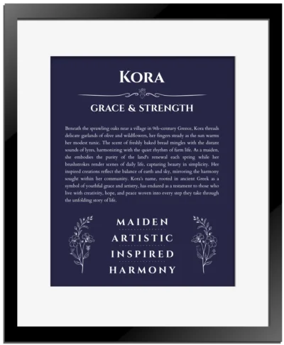 Kora name meaning gift print in navy blue with black matte frame