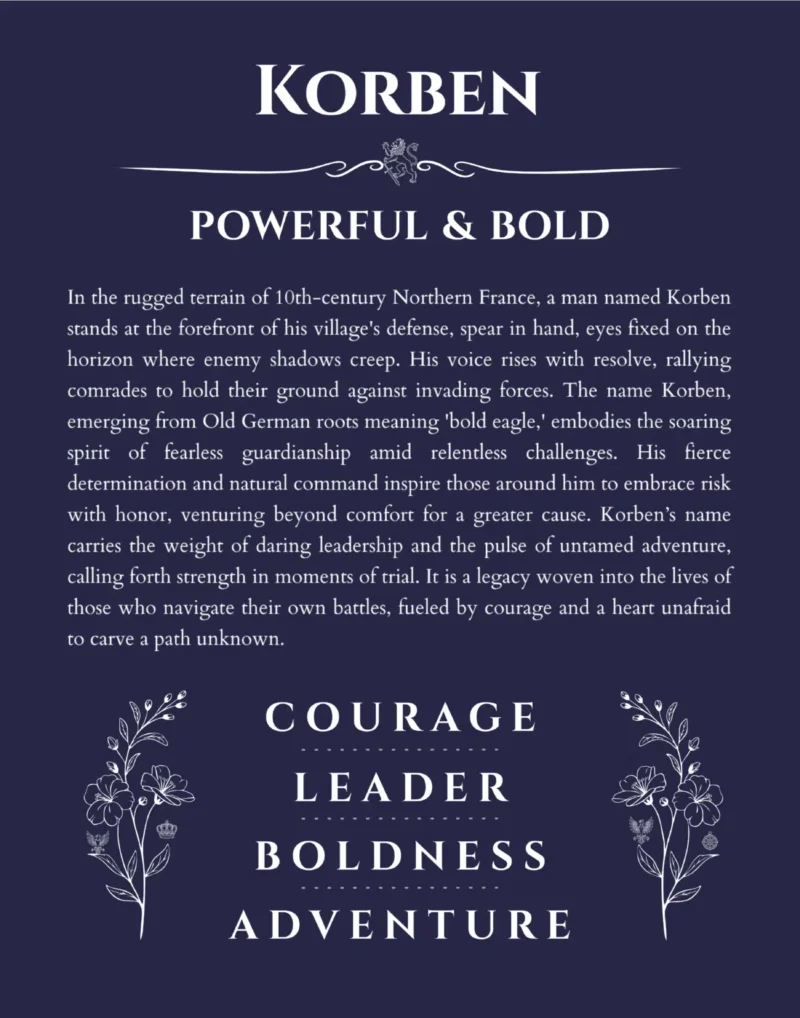 Korben custom name art showing meaning and origin in navy blue