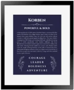 Korben custom name art showing meaning and origin in navy blue with black matte frame