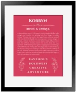 Korbyn personalized name meaning print in red with black matte frame