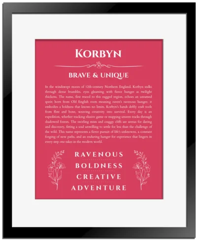 Korbyn personalized name meaning print in red with black matte frame