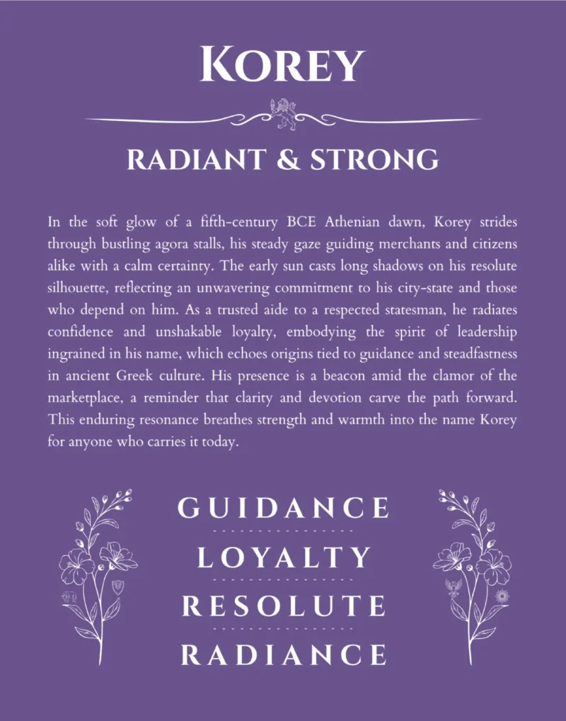 Korey personalized name art with origin story in purple