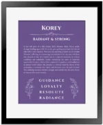 Korey personalized name art with origin story in purple with black matte frame