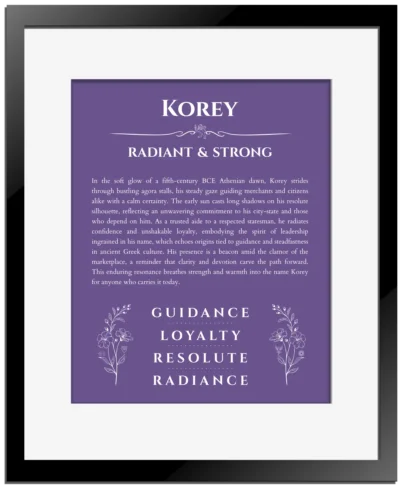 Korey personalized name art with origin story in purple with black matte frame