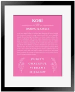 Kori personalized wall art with the story of your name in pink with black matte frame