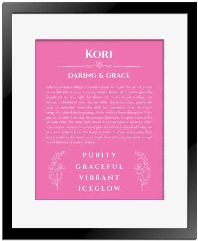 Kori personalized wall art with the story of your name in pink with black matte frame