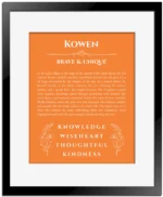 Kowen name meaning wall art by Get Your Story in orange with black matte frame