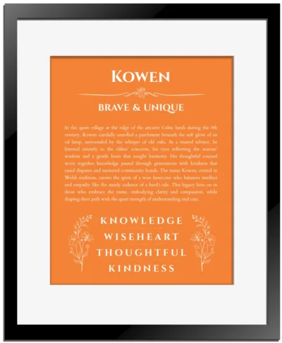 Kowen name meaning wall art by Get Your Story in orange with black matte frame