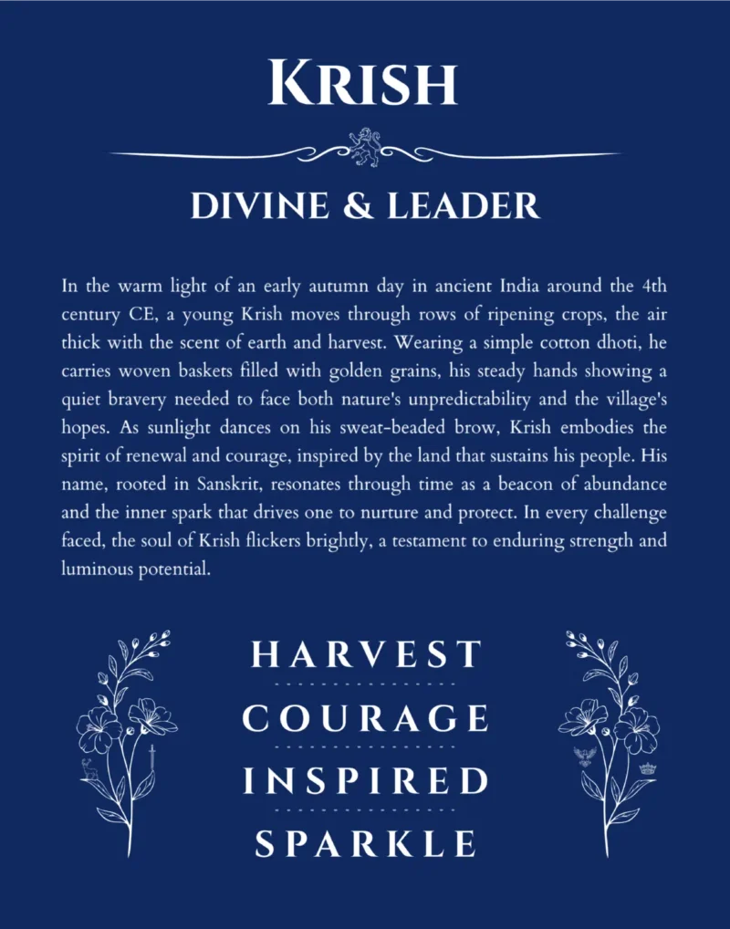Krish personalized name art with origin story in deep blue