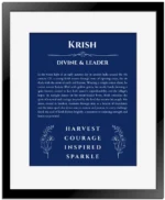 Krish personalized name art with origin story in deep blue with black matte frame