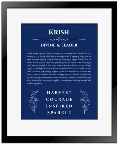 Krish personalized name art with origin story in deep blue with black matte frame