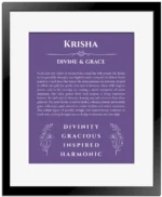 Krisha personalized name meaning print in purple with black matte frame