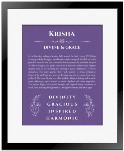 Krisha personalized name meaning print in purple with black matte frame