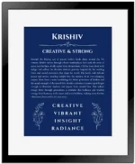 Krishiv personalized wall art with the story of your name in deep blue with black matte frame