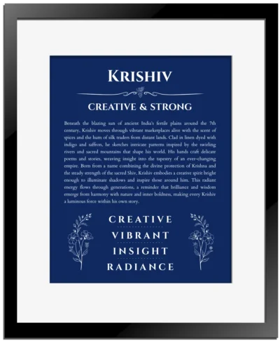 Krishiv personalized wall art with the story of your name in deep blue with black matte frame