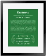 Krishna personalized name print with origin and traits in dark green with black matte frame