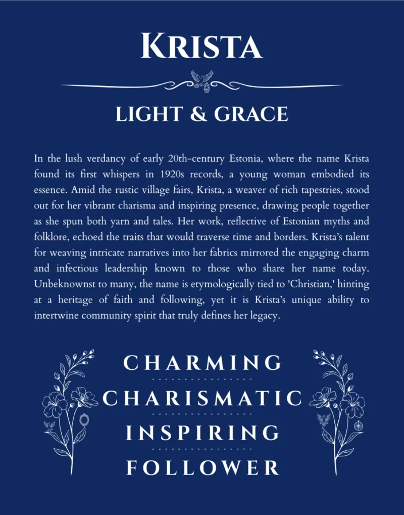 Krista name origin print with meaning and traits in deep blue