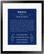 Krista name origin print with meaning and traits in deep blue with black matte frame