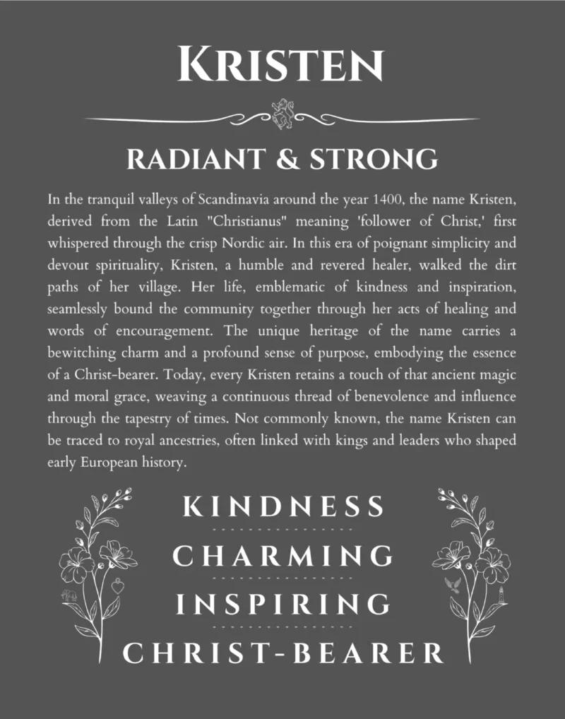 Kristen name origin print with meaning and traits in gray