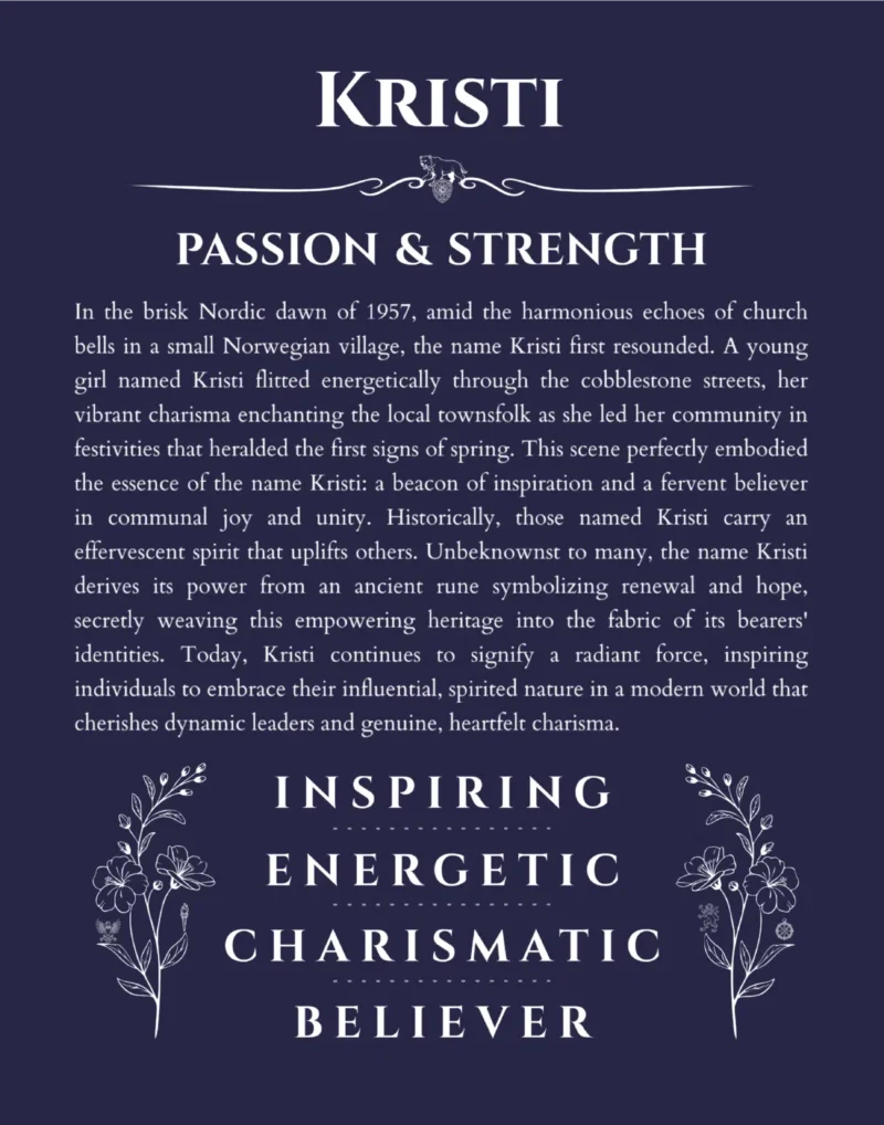Kristi personalized name art with origin story in navy blue