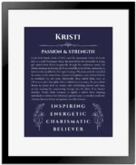 Kristi personalized name art with origin story in navy blue with black matte frame