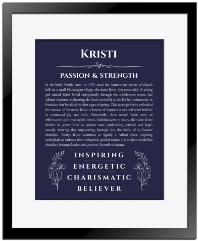 Kristi personalized name art with origin story in navy blue with black matte frame