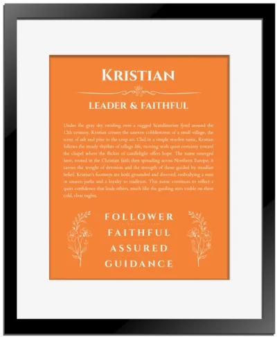 Kristian personalized wall art with the story of your name in orange with black matte frame