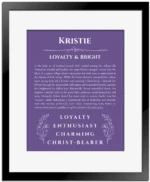 Kristie custom name print for wall display in purple with black matte frame