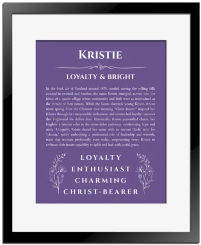 Kristie custom name print for wall display in purple with black matte frame