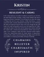 Kristin name origin print with meaning and traits in navy blue