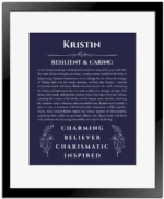 Kristin name origin print with meaning and traits in navy blue with black matte frame