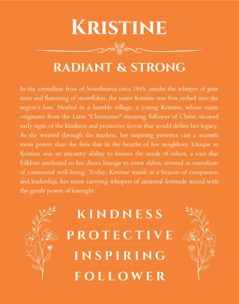 Kristine personalized name art with origin story in orange