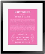 Kristopher personalized name print with origin and traits in pink with black matte frame