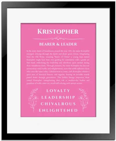 Kristopher personalized name print with origin and traits in pink with black matte frame
