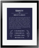 Kristy personalized name art with origin story in navy blue with black matte frame