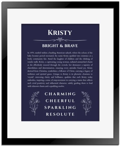 Kristy personalized name art with origin story in navy blue with black matte frame