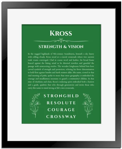 Kross personalized name meaning print in dark green with black matte frame