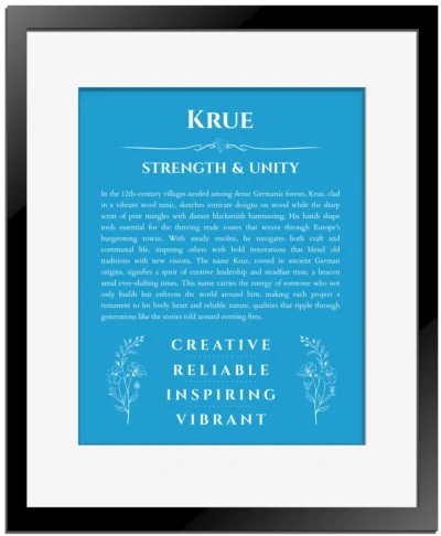 Krue custom name print for wall display in blue with black matte frame