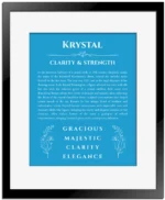 Krystal personalized name print with origin and traits in blue with black matte frame