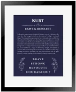 Kurt name origin print with meaning and traits in navy blue with black matte frame