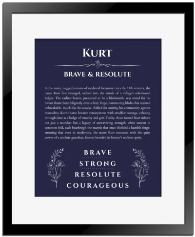 Kurt name origin print with meaning and traits in navy blue with black matte frame